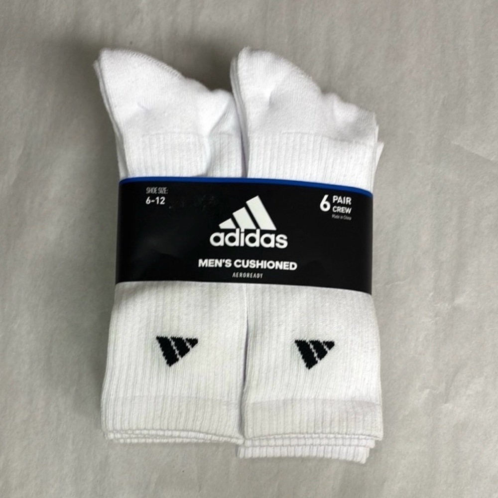 New Adidas Socks Men’s 6 Pair White Cushioned Crew Sock Casual Athletic Active